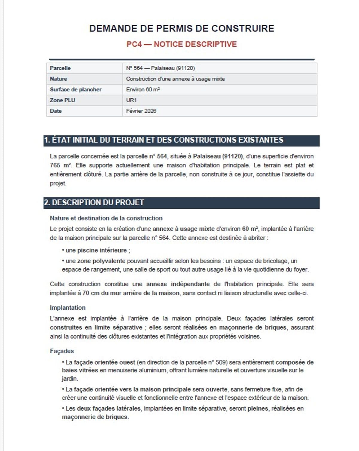 Exemple PC4 — Notice décrivant le terrain et présentant le projet